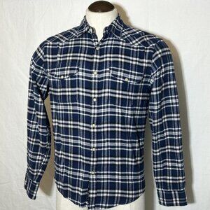 NEW Lucky Brand Light Flannel Blue Plaid Shirt Pearlized Snaps Chest Pockets SM